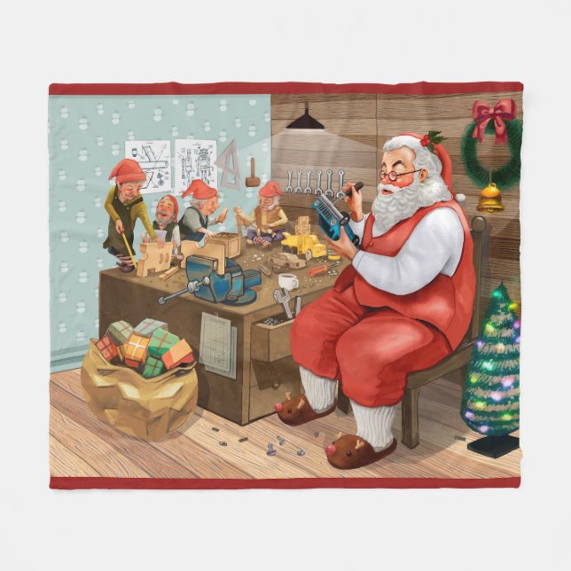 Couverture Polaire Père Noël Et Elfes Fabriquent Des Jouets | Noël (Devant (Horizontal))