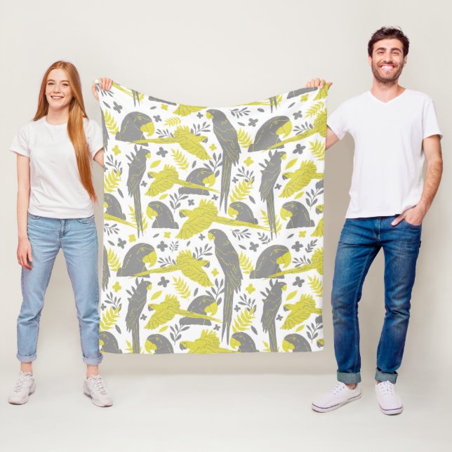 Couverture Polaire Perroquet à ara gris jaune Dessin Motif tropical (En situation)