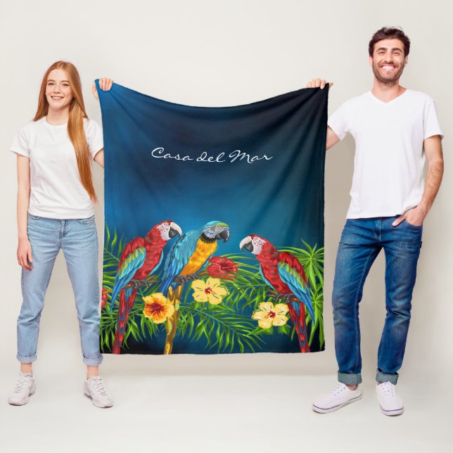 Couverture Polaire Perroquets oiseaux bleu ciel feuille nom de la mai (En situation)