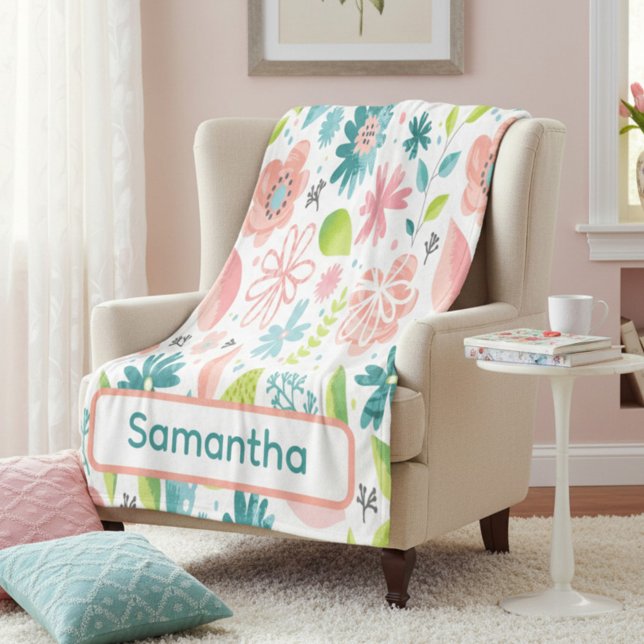 Couverture Polaire Personalized Teal and Pink Floral (Créateur téléchargé)