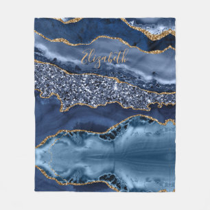 Couverture Polaire Personnaliser Bleu Or Paillettes Agate Marbre Tend