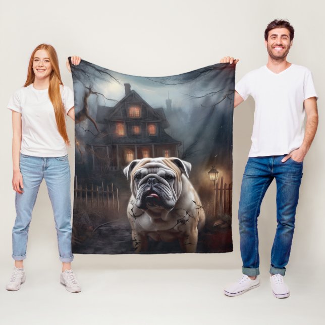 Couverture Polaire Peur d'Halloween Bulldog (En situation)