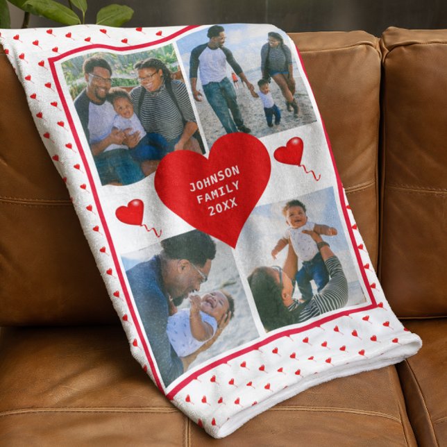 Couverture Polaire Photo Collage Famille Personnalisée Valentine Coeu (Photo Collage Family Personalized Valentine Heart Fleece Blanket)