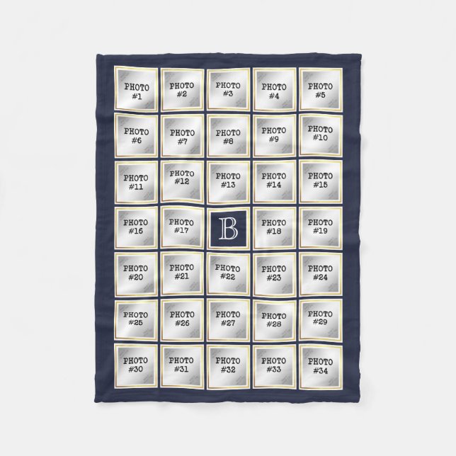 Couverture Polaire Photo Collage Monogram Gold Frame Editable Blue (Devant)