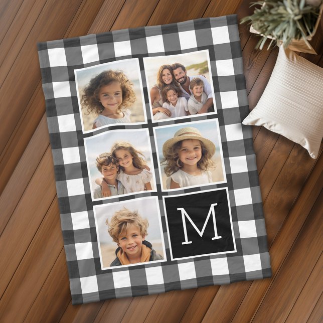 Couverture Polaire Photo Collage Monogramme Blanc Noir Buffalo Plaid (Personalized fleece blanket with 5 photos and a monogram)