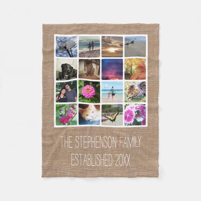 Couverture Polaire Photo Collage personnalisé 16 Photo Burlap-Look Mo (Devant)