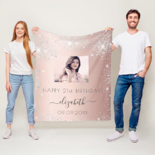 Couverture Polaire Photo d'anniversaire rose or argent parties scinti