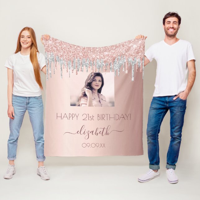 Couverture Polaire Photo d'anniversaire rose or parties scintillant r (En situation)