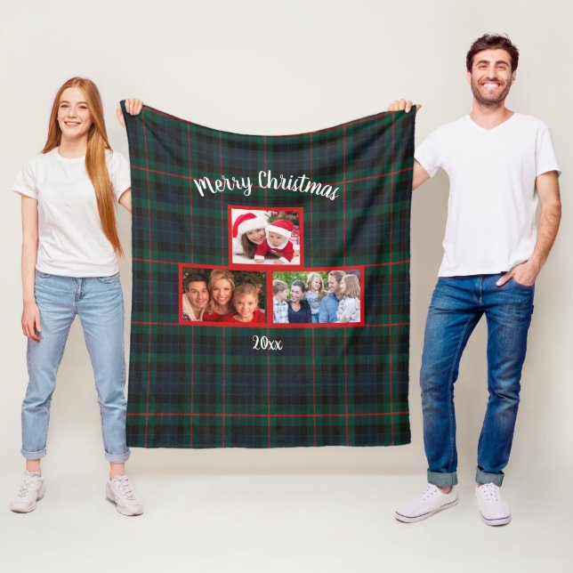 Couverture Polaire Photo de Noël tartan vert marine (En situation)