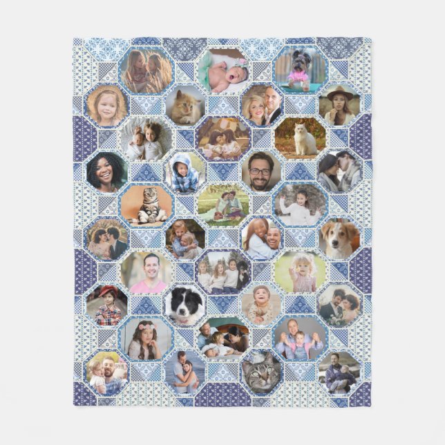 Couverture Polaire Photo Famille Collage Couette Bleue Look 35 Photos (Devant)