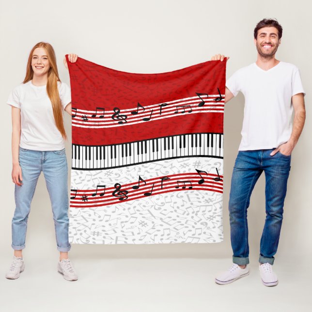 Couverture Polaire Piano et musique score blanc polaire rouge (En situation)