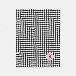 Couverture Polaire Pied-de-poule de rose de noir de monogramme, blanc