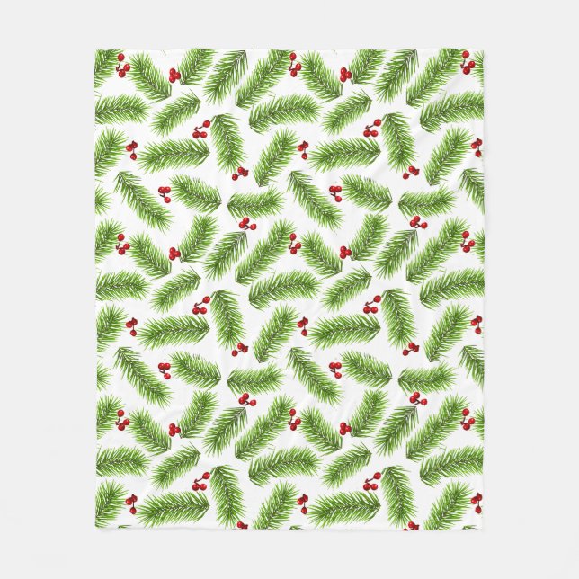 Couverture Polaire Pin vert de Noël Feuilles & Baies rouges en blanc (Devant)