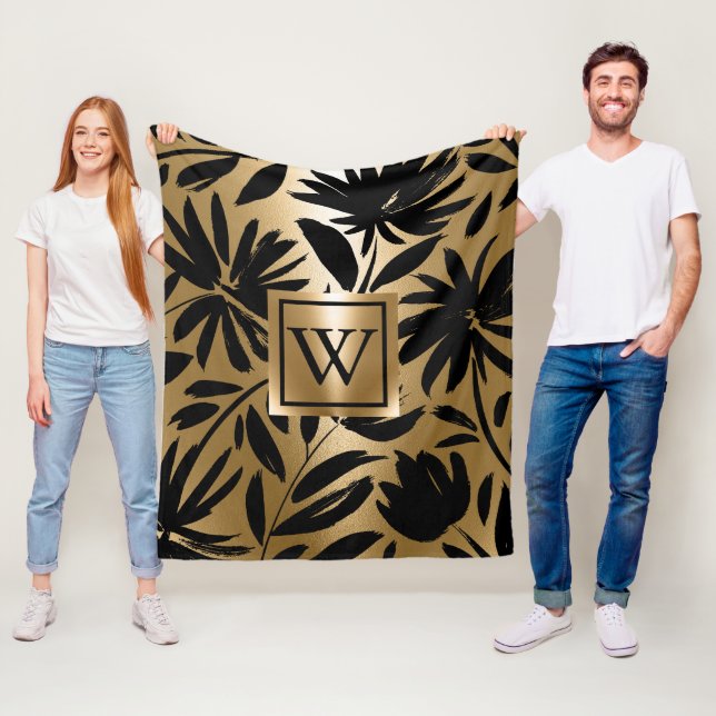 Couverture Polaire Pinceau Floral noir et or (En situation)