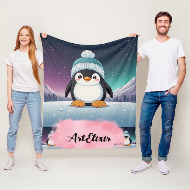 Couverture Polaire Pingouin Cute Kawaii Casquette bleu Imprimer (En situation)