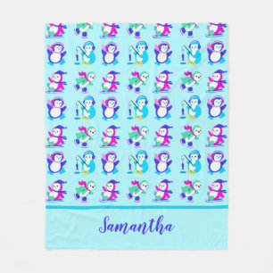 Couverture Polaire Pingouins d'hiver colorés mignons Personnalisés