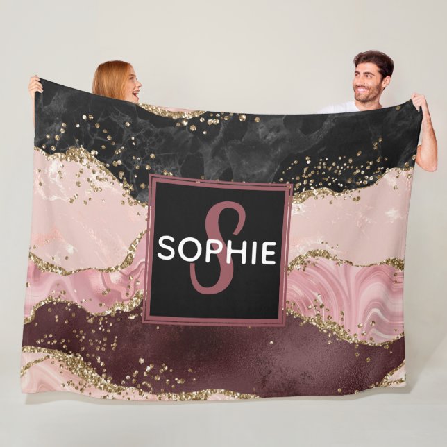 Couverture Polaire Pink & Black & Faux Gold Parties scintillant Agate (En situation)