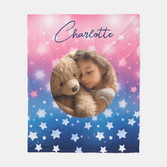 Couverture Polaire Pink Blue Stars Photo personnalisée et nom (Devant)