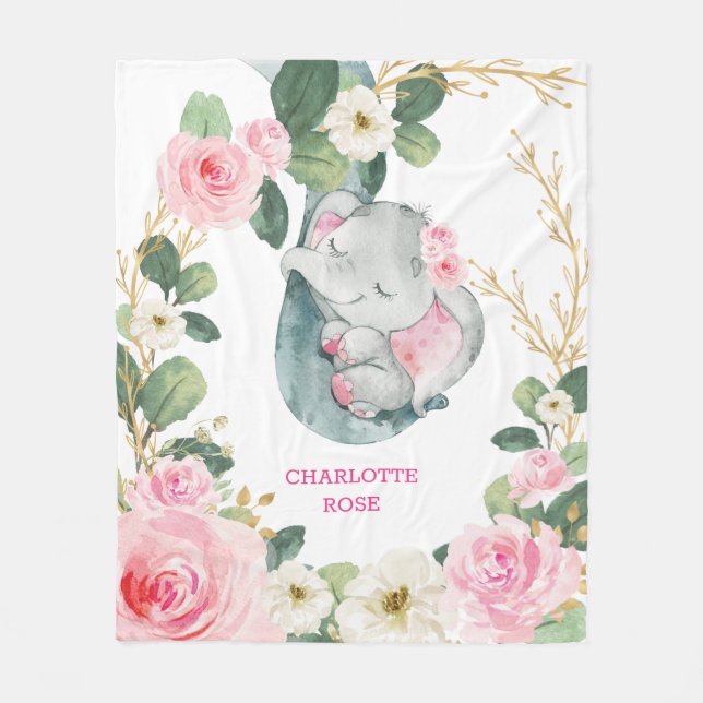 Couverture Polaire Pink Gold verdure Rose Elephant Girl Nursery (Devant)