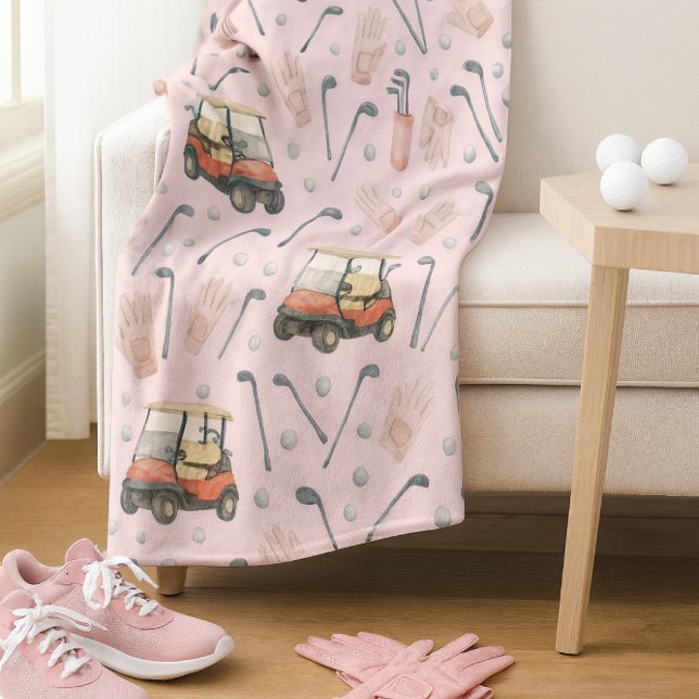 Couverture Polaire Pink Golf Cart Pattern Lady Golfer  (Soft landings after tee time where pink gear, cozy fleece, and golf dreams come home to rest.)