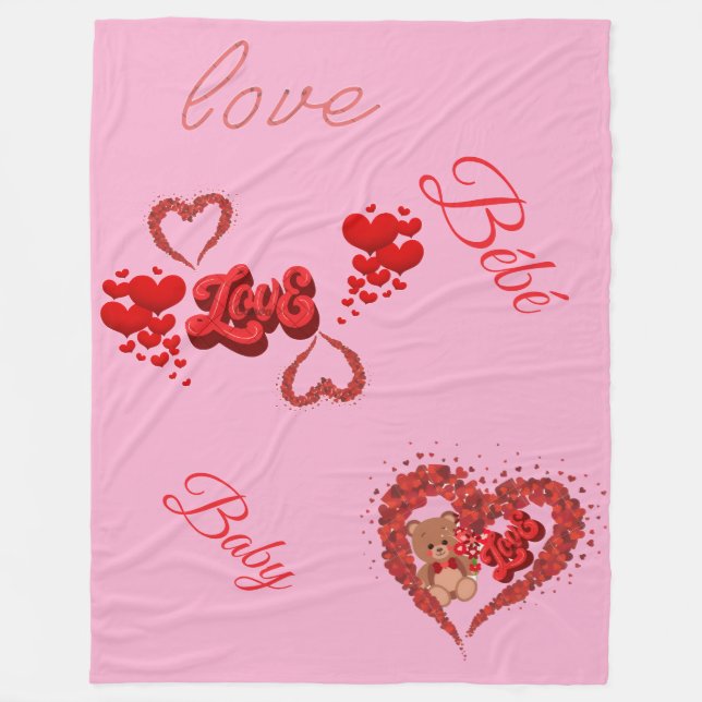 Couverture Polaire Pink Love & Baby Blanket avec ours et coeur en pel (Devant)