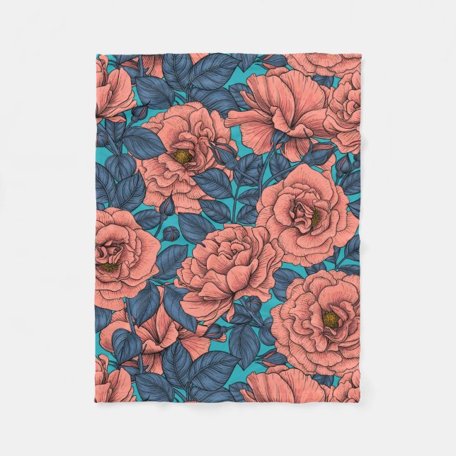 Couverture Polaire Pink roses with blue leaves on blue (Devant)