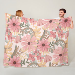 Couverture Polaire Pink Sage Vert Floral Feuille Motif d'aquarelle