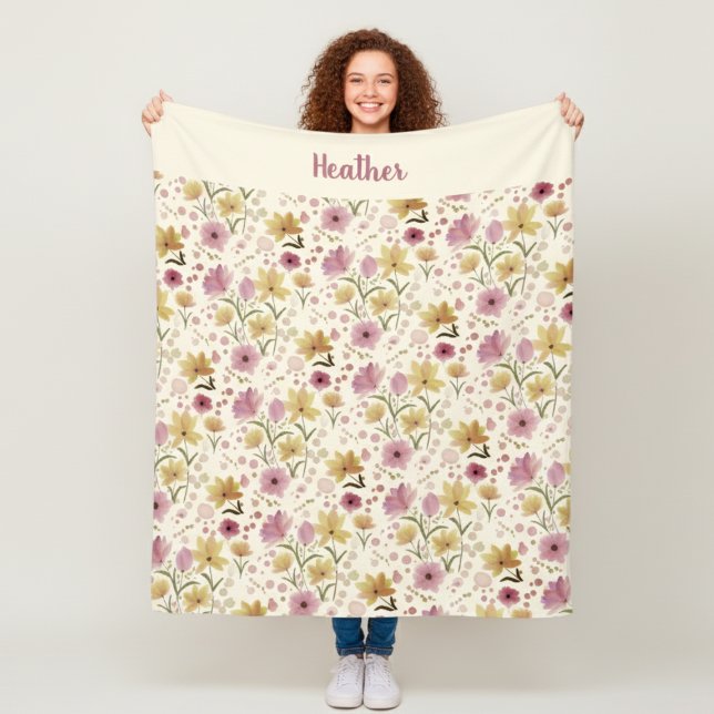 Couverture Polaire Pink Watercolor Wildflower Monogram Name (Créateur téléchargé)