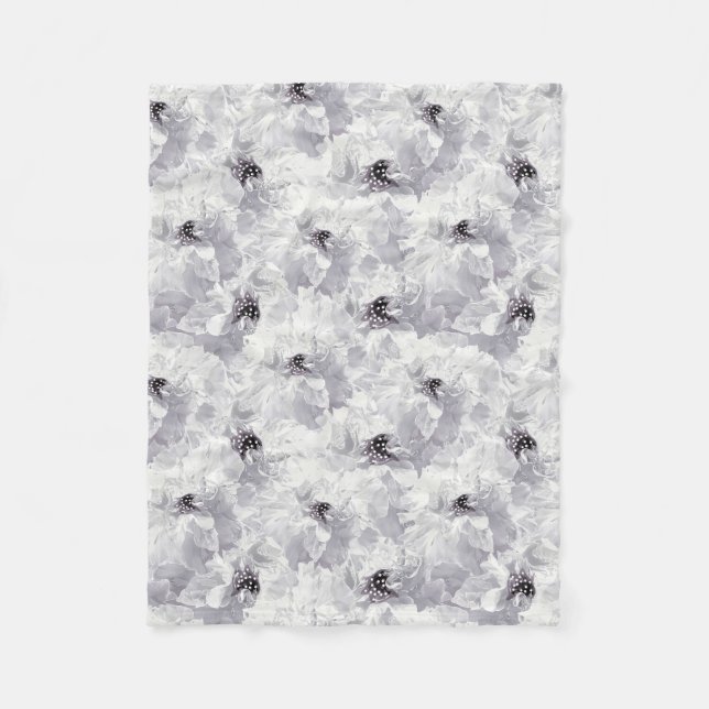 Couverture Polaire pivoines, gris et blanc, fleurs florales, blanches (Devant)