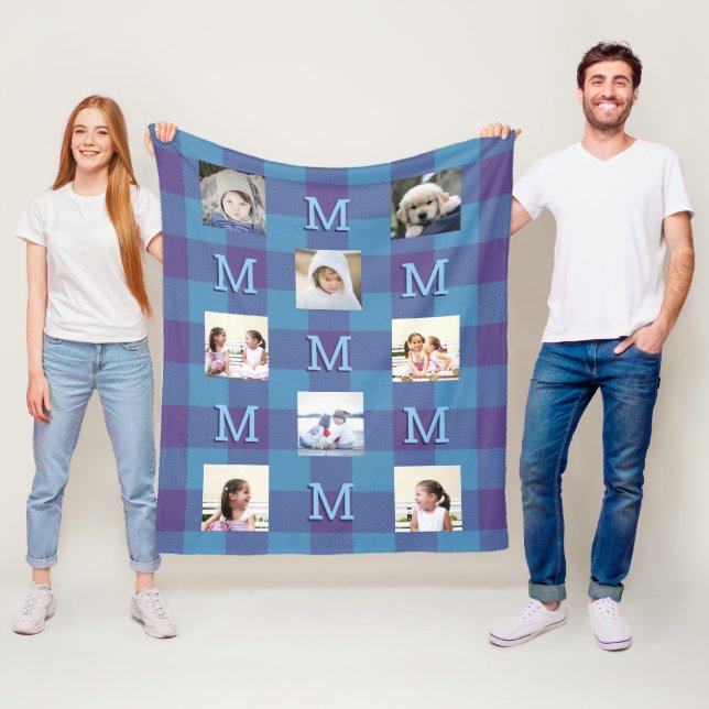 Couverture Polaire Plaid Blue Purple Cool Monogramme 8 Photo (En situation)