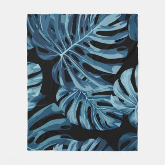 Couverture Polaire Plante Monstera : motif feuille bleu.