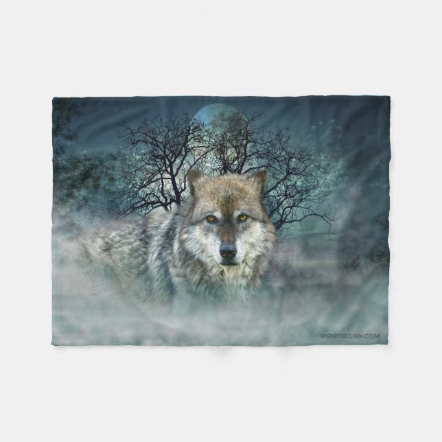 Couverture Polaire Pleine lune de loup en brouillard (Devant (Horizontal))