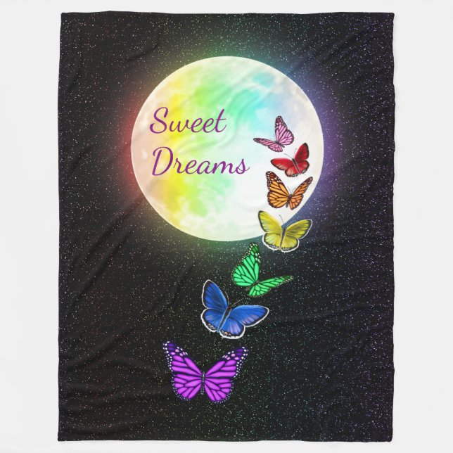 Couverture Polaire Pleine lune et papillons arc-en-ciel Sweet Dreams (Devant)