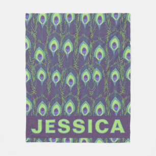 Couverture Polaire Plume de paon personnalisée violet lime verte