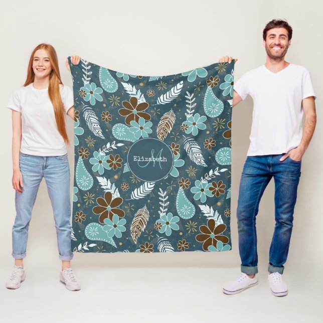 Couverture Polaire plume fleurie Boho marron turquoise turquoise (En situation)