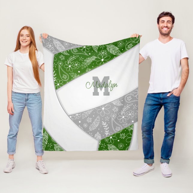 Couverture Polaire Plumes de Boho volleyball motif vert gris (En situation)