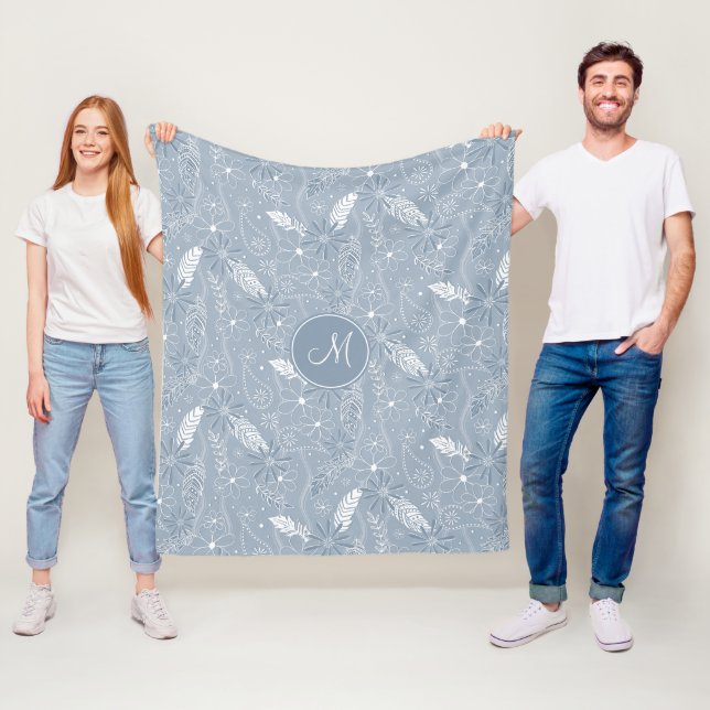 Couverture Polaire plumes de chou bleu poussiéreux fleurs cachemire m (En situation)
