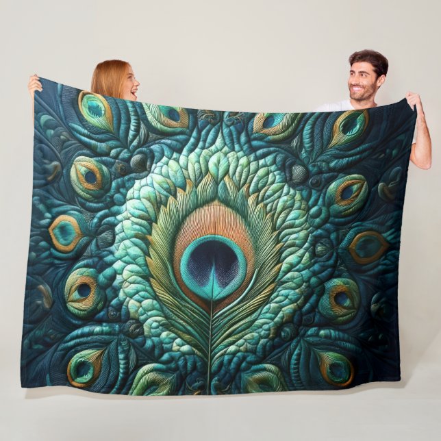 Couverture Polaire Plumes Peacock Bleu Quilté Design (En situation)
