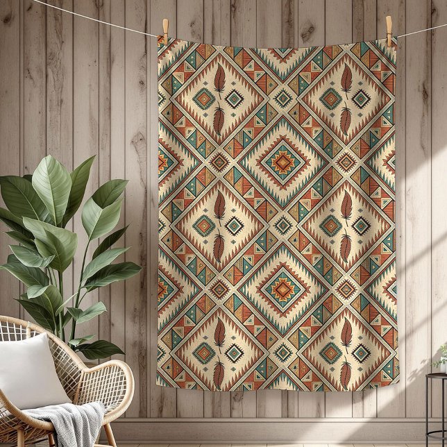 Couverture Polaire Plumes tribales traditionnelles dynamiques (Traditional Ethnic vibrant Tribal feathers brown Fleece Blanket)