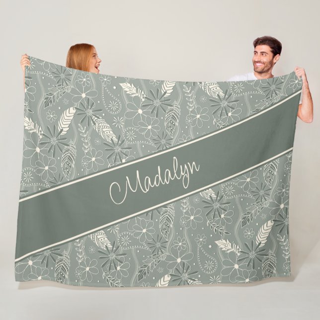 Couverture Polaire plumes vertes poussiéreuses paislies motif floral (En situation)