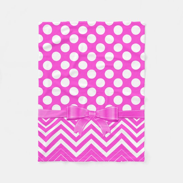Couverture Polaire Point Polka Blanc Et Chevron Et Ruban Rose (Devant)
