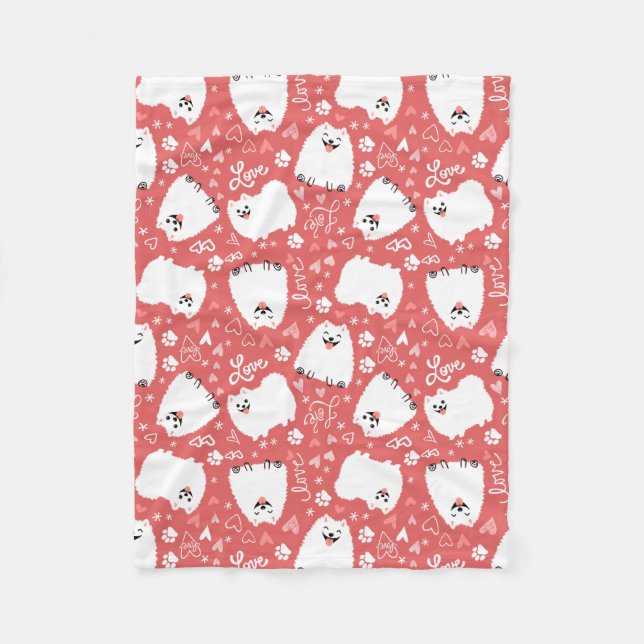 Couverture Polaire Pomeranian blanc drôle avec le motif de coeurs (Devant)