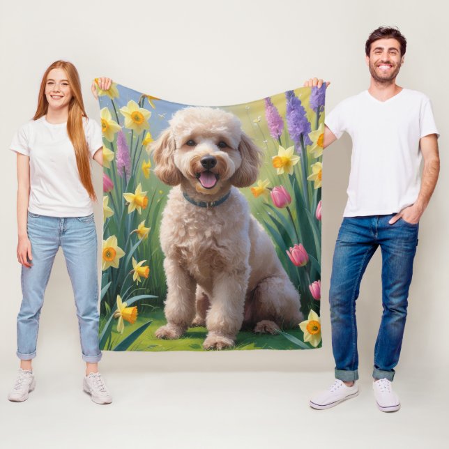 Couverture Polaire Poodle Chien Fleurs de printemps Peinture (En situation)