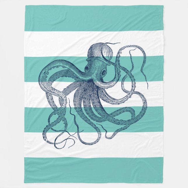 Couverture Polaire poulpe bleu marine sur bandes blanches et turquois (Devant)
