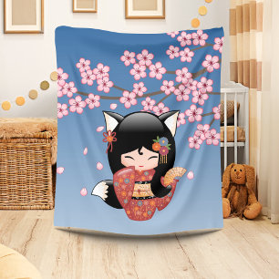 Couverture Polaire Poupée Kokeshi Kitsune - Fille Geisha Renard Noir