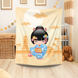 Couverture Polaire Poupée Maiko Kokeshi Fille Geisha Mignonne Jaune