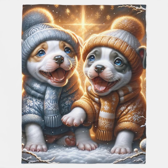 Couverture Polaire "Première chute de neige des chiots Pitbull" (Devant)