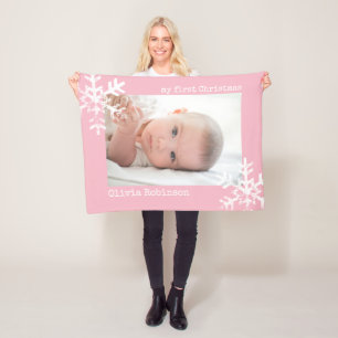 Couverture Polaire Première photo rose de Noël de bébé avec des floco
