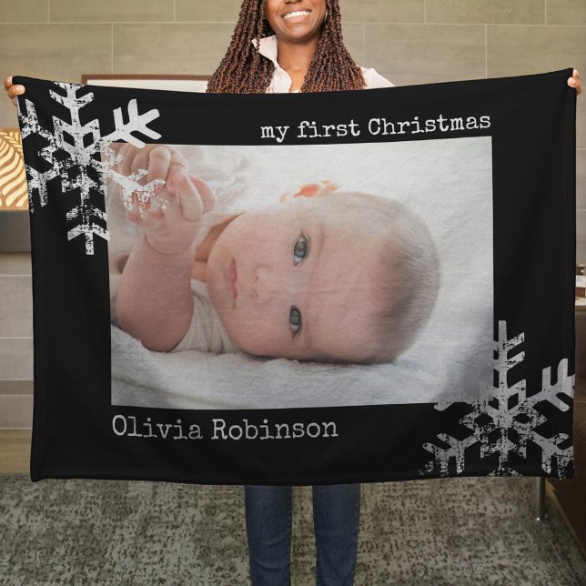 Couverture Polaire Premiers Snowflakes Black Photo de Noël pour bébé (Snowflake Baby's 1st Christmas holiday keepsake photo ornament perfect to bring joy to others.)