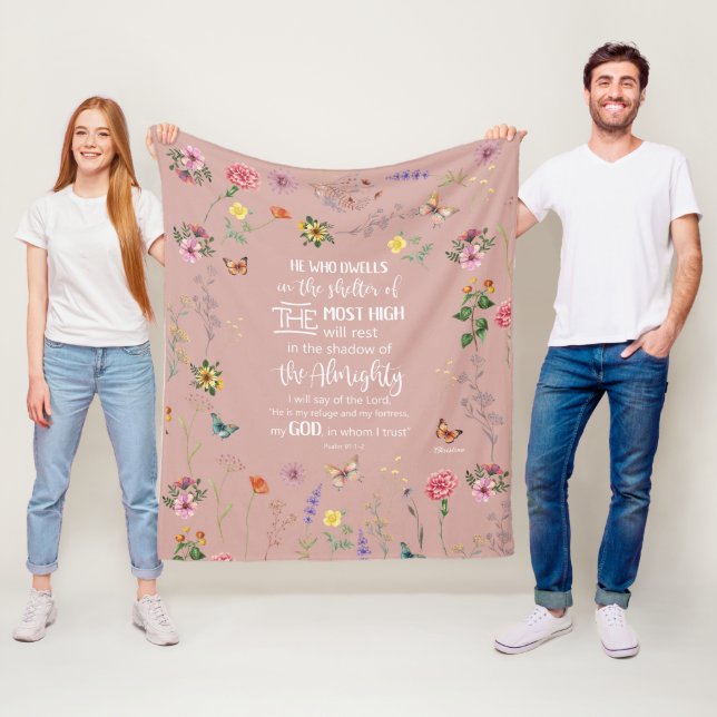 Couverture Polaire Psaume 91 Bible Verse Fleurs Sauvages Blanche Cein (En situation)